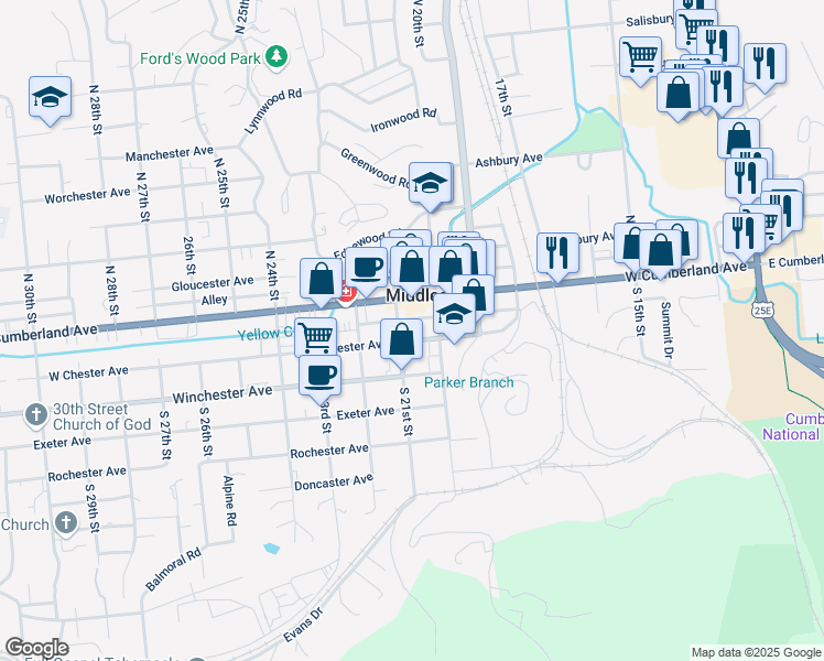 map of restaurants, bars, coffee shops, grocery stores, and more near 120 West Chester Avenue in Middlesboro
