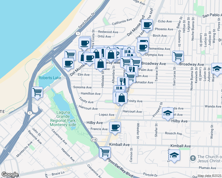 map of restaurants, bars, coffee shops, grocery stores, and more near 680 Sonoma Avenue in Seaside