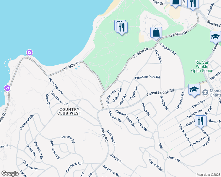 map of restaurants, bars, coffee shops, grocery stores, and more near 2877 17 Mile Drive in Del Monte Forest
