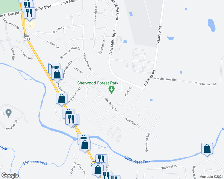 map of restaurants, bars, coffee shops, grocery stores, and more near 410 Faulkner Drive in Clarksville
