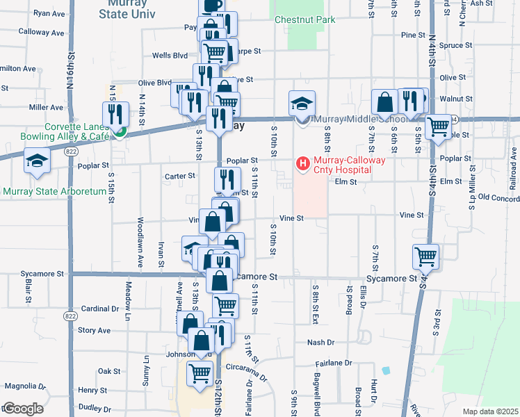 map of restaurants, bars, coffee shops, grocery stores, and more near 223 South 11th Street in Murray