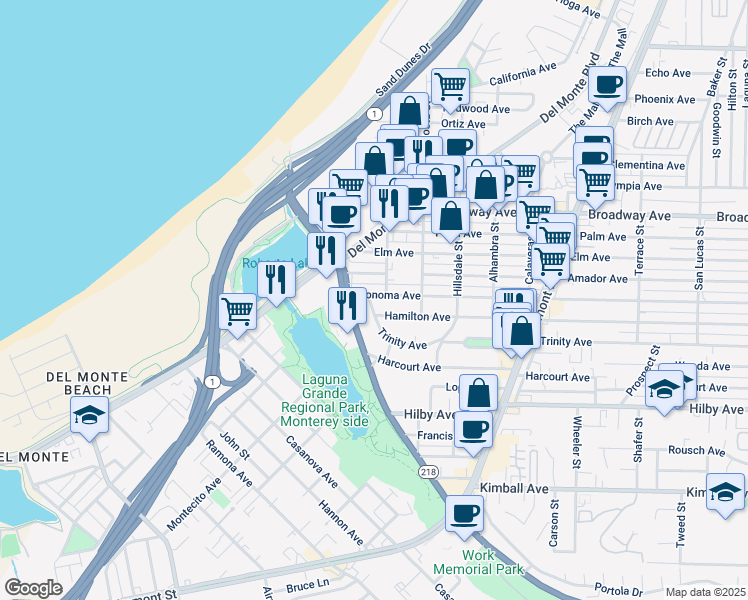 map of restaurants, bars, coffee shops, grocery stores, and more near 365 Trinity Avenue in Seaside