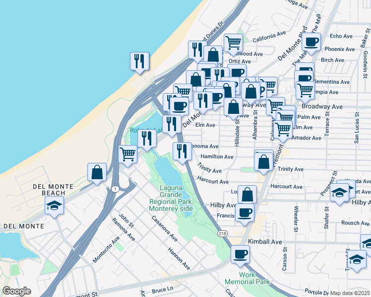 map of restaurants, bars, coffee shops, grocery stores, and more near 1249 Canyon Del Rey Boulevard in Seaside