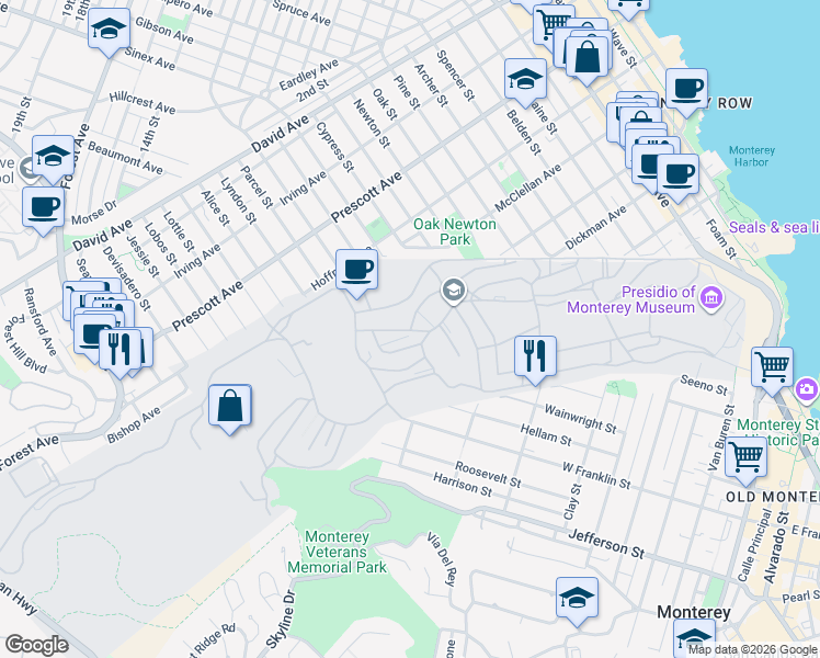 map of restaurants, bars, coffee shops, grocery stores, and more near in PRESIDIO MTRY