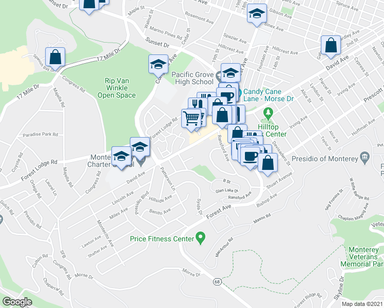 map of restaurants, bars, coffee shops, grocery stores, and more near 5 Arkwright Court in Pacific Grove