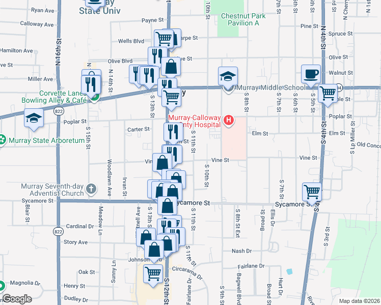 map of restaurants, bars, coffee shops, grocery stores, and more near 1100-1198 Vine St in Murray