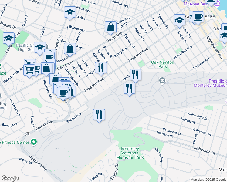 map of restaurants, bars, coffee shops, grocery stores, and more near 431 Rifle Range Road in Monterey