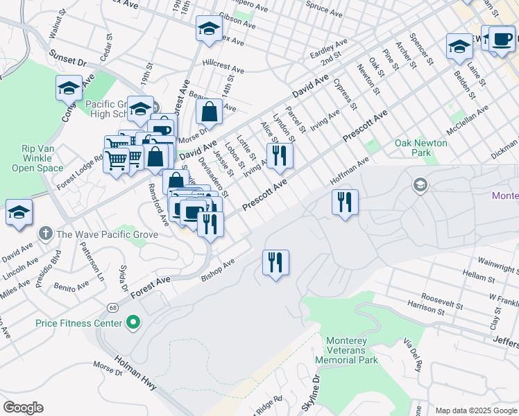 map of restaurants, bars, coffee shops, grocery stores, and more near 680 Jessie Street in Monterey