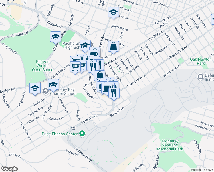 map of restaurants, bars, coffee shops, grocery stores, and more near 1149 Forest Avenue in Pacific Grove