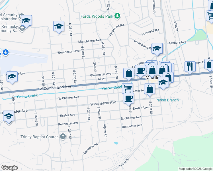 map of restaurants, bars, coffee shops, grocery stores, and more near 2501 West Cumberland Avenue in Middlesboro