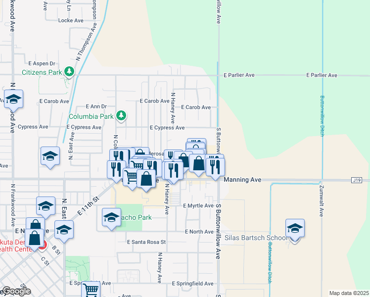 map of restaurants, bars, coffee shops, grocery stores, and more near 1387 East Ponderosa Avenue in Reedley