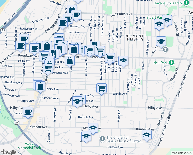 map of restaurants, bars, coffee shops, grocery stores, and more near 1266 Sonoma Avenue in Seaside