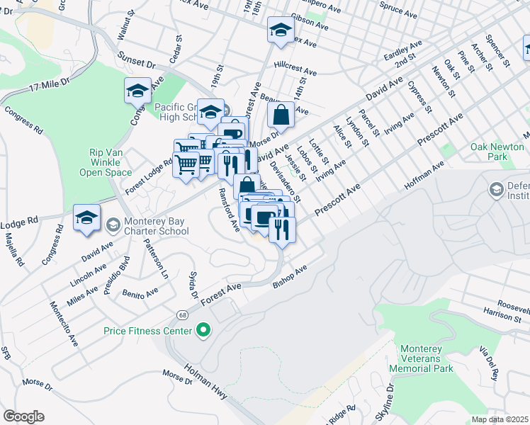 map of restaurants, bars, coffee shops, grocery stores, and more near 1149 Forest Avenue in Pacific Grove