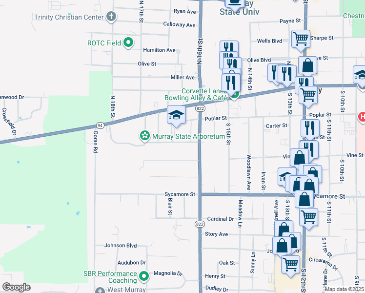 map of restaurants, bars, coffee shops, grocery stores, and more near 1605 Locust Street in Murray