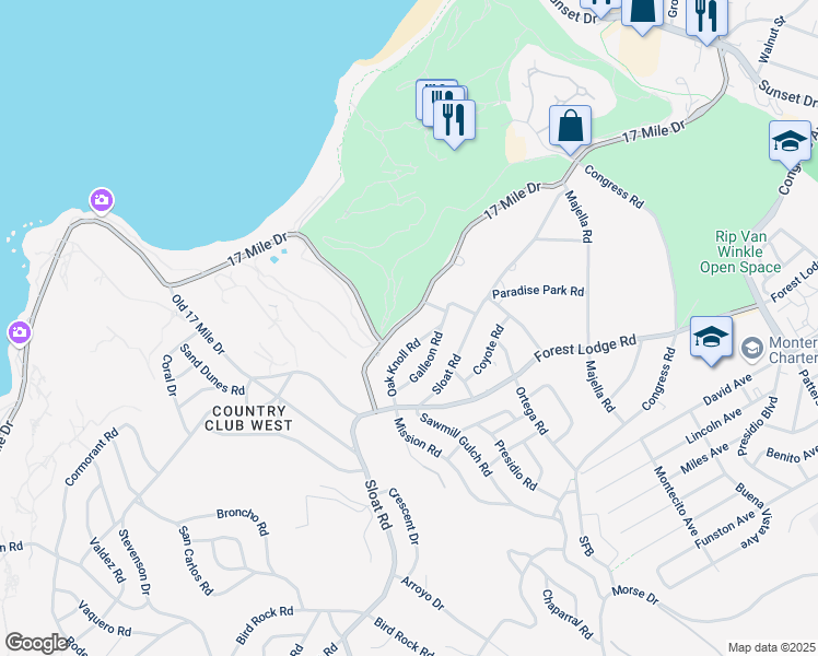 map of restaurants, bars, coffee shops, grocery stores, and more near 2877 17 Mile Drive in Del Monte Forest