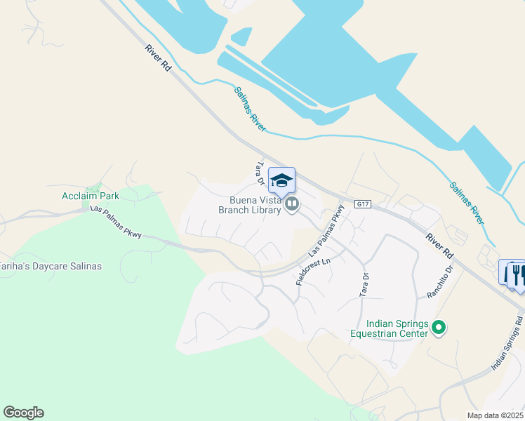 map of restaurants, bars, coffee shops, grocery stores, and more near 21900 Azure Crest Court in Salinas