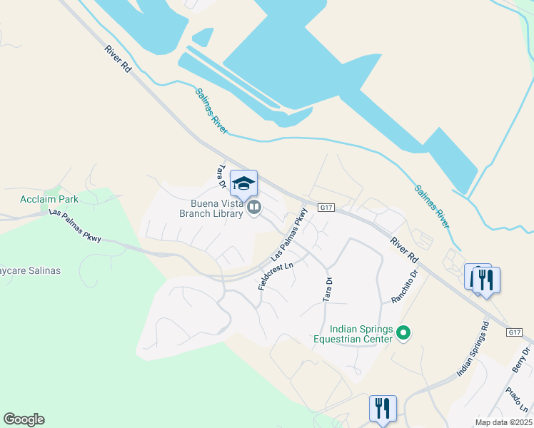 map of restaurants, bars, coffee shops, grocery stores, and more near 18114 Stonehaven in Salinas