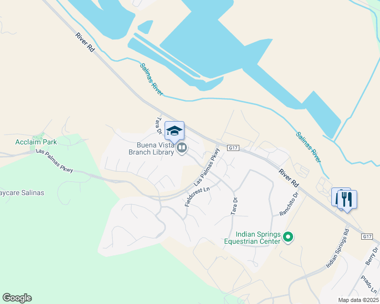 map of restaurants, bars, coffee shops, grocery stores, and more near 18114 Stonehaven in Salinas