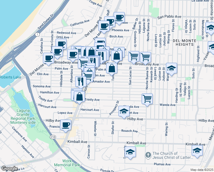 map of restaurants, bars, coffee shops, grocery stores, and more near 1080 Sonoma Avenue in Seaside