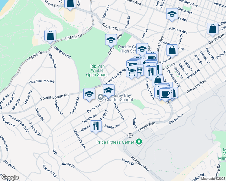map of restaurants, bars, coffee shops, grocery stores, and more near 1109 Heather Lane in Pacific Grove