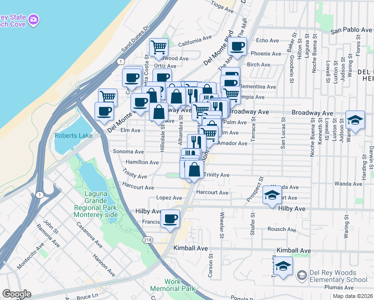 map of restaurants, bars, coffee shops, grocery stores, and more near 780 Sonoma Avenue in Seaside