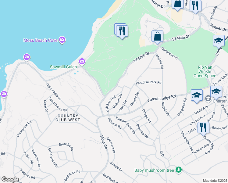 map of restaurants, bars, coffee shops, grocery stores, and more near 2877 17 Mile Drive in Del Monte Forest