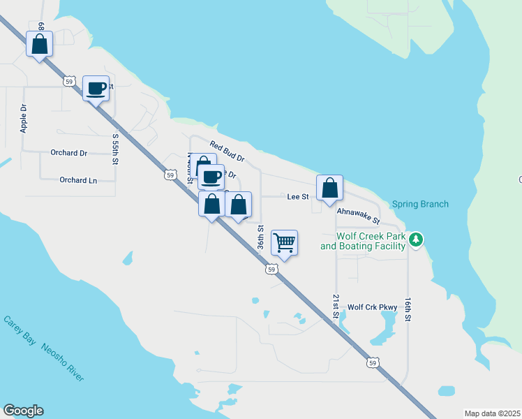 map of restaurants, bars, coffee shops, grocery stores, and more near 501 36th Street in Grove