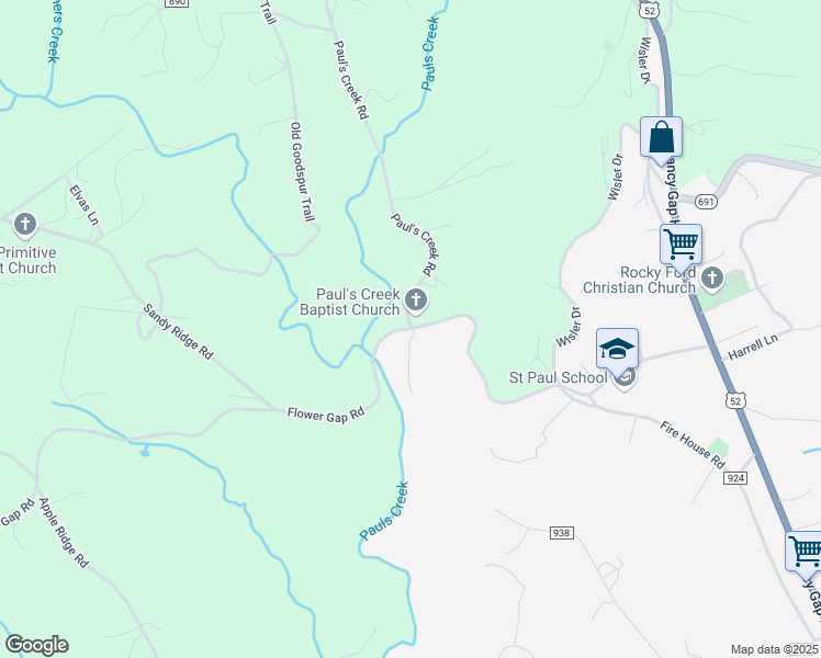 map of restaurants, bars, coffee shops, grocery stores, and more near 231 Flower Gap Road in Cana