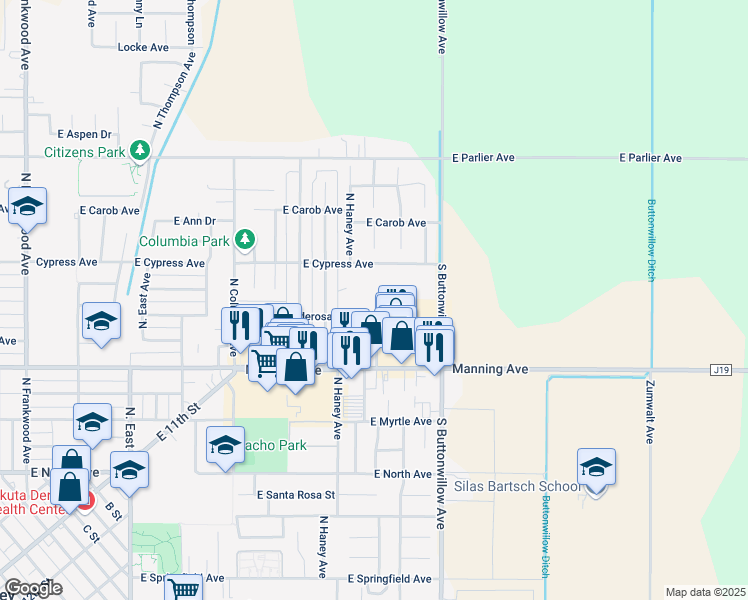 map of restaurants, bars, coffee shops, grocery stores, and more near 1387 East Ponderosa Avenue in Reedley
