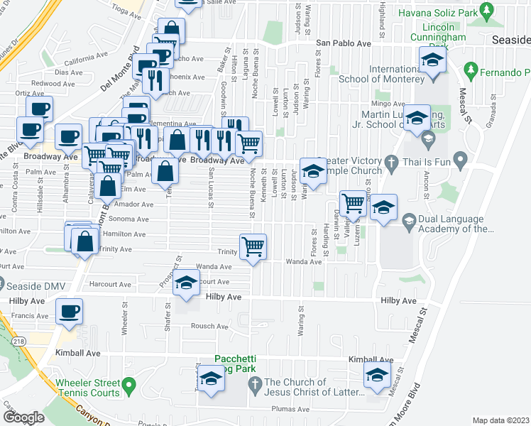 map of restaurants, bars, coffee shops, grocery stores, and more near 1301 Sonoma Avenue in Seaside