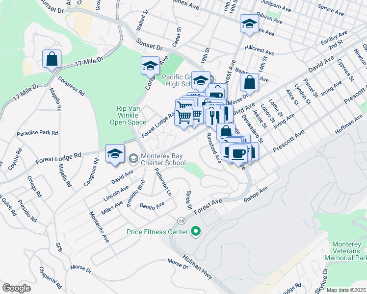 map of restaurants, bars, coffee shops, grocery stores, and more near 5 Arkwright Court in Pacific Grove