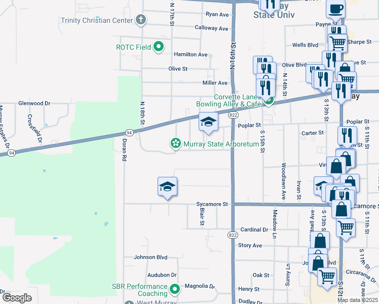 map of restaurants, bars, coffee shops, grocery stores, and more near 1605-1607 Locust St in Murray