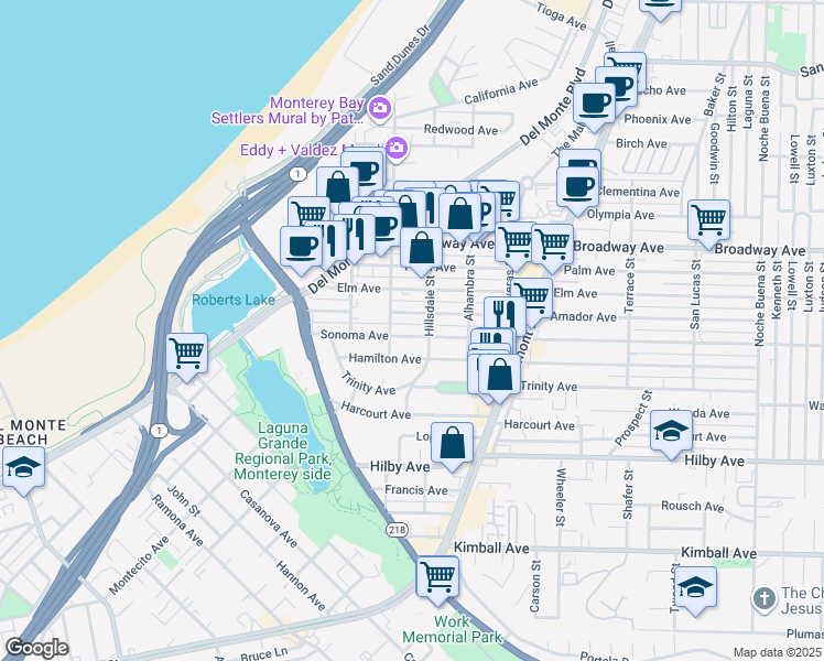 map of restaurants, bars, coffee shops, grocery stores, and more near 555 Sonoma Avenue in Seaside