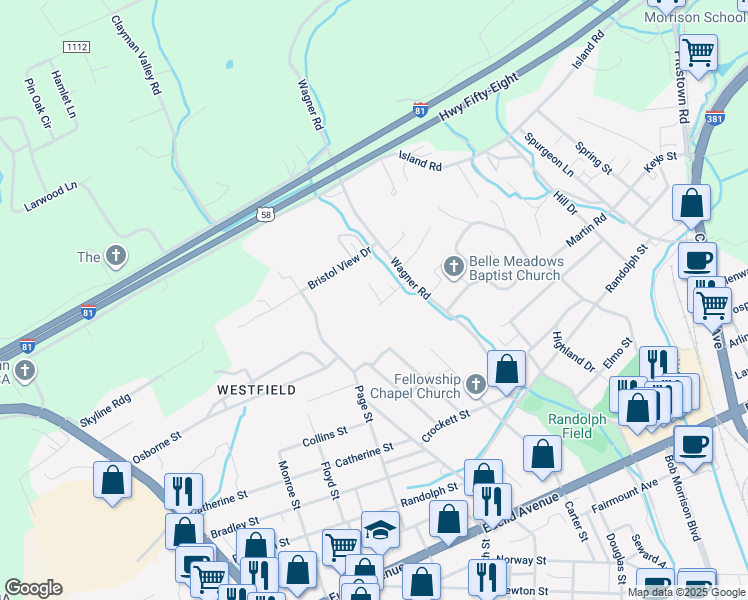 map of restaurants, bars, coffee shops, grocery stores, and more near 110 Amy St in Bristol