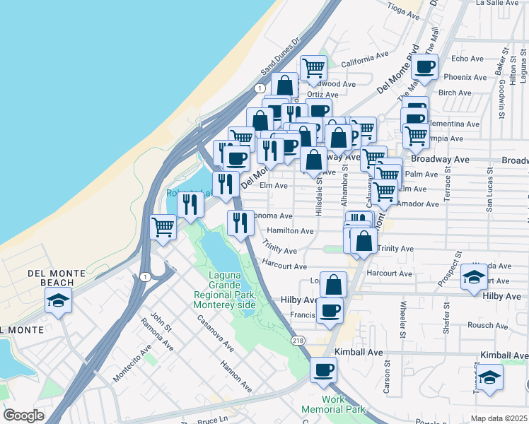 map of restaurants, bars, coffee shops, grocery stores, and more near 395 Sonoma Avenue in Seaside