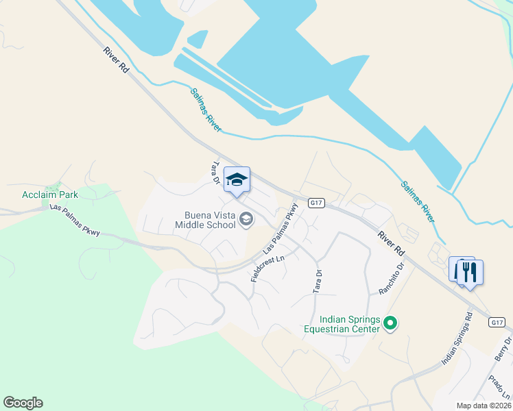 map of restaurants, bars, coffee shops, grocery stores, and more near 18118 Stonehaven in Salinas