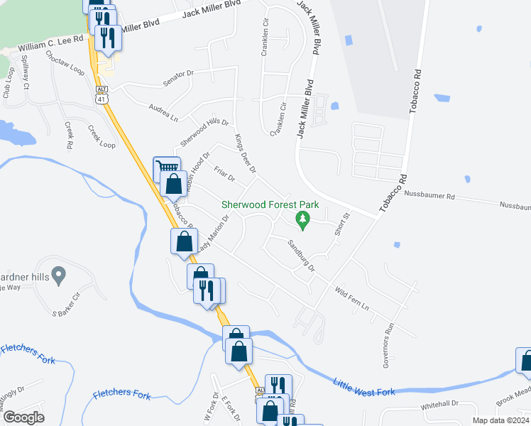 map of restaurants, bars, coffee shops, grocery stores, and more near 223 Short Street in Clarksville