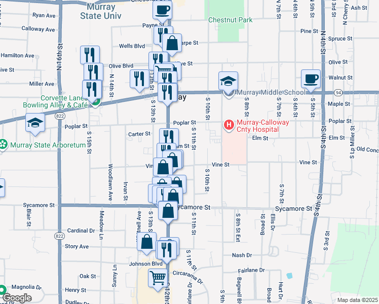 map of restaurants, bars, coffee shops, grocery stores, and more near 1100-1198 Vine St in Murray