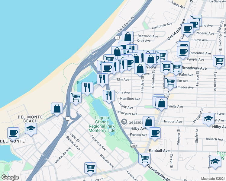map of restaurants, bars, coffee shops, grocery stores, and more near 335 Sonoma Avenue in Seaside