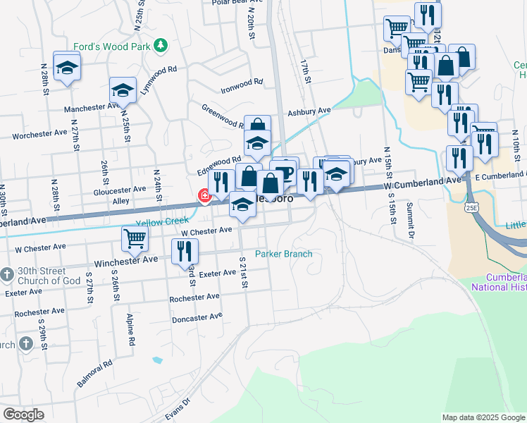 map of restaurants, bars, coffee shops, grocery stores, and more near 116 East Chester Avenue in Middlesboro
