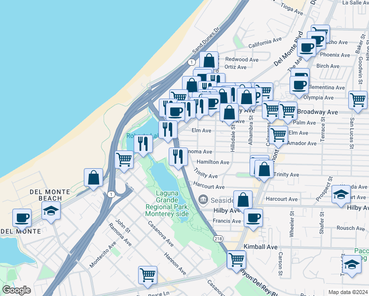 map of restaurants, bars, coffee shops, grocery stores, and more near 335 Sonoma Avenue in Seaside