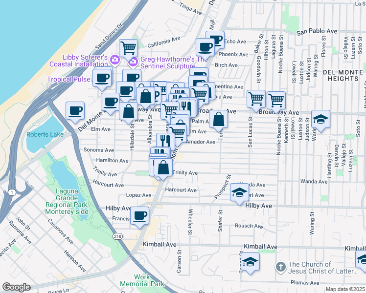 map of restaurants, bars, coffee shops, grocery stores, and more near 926 Sonoma Avenue in Seaside