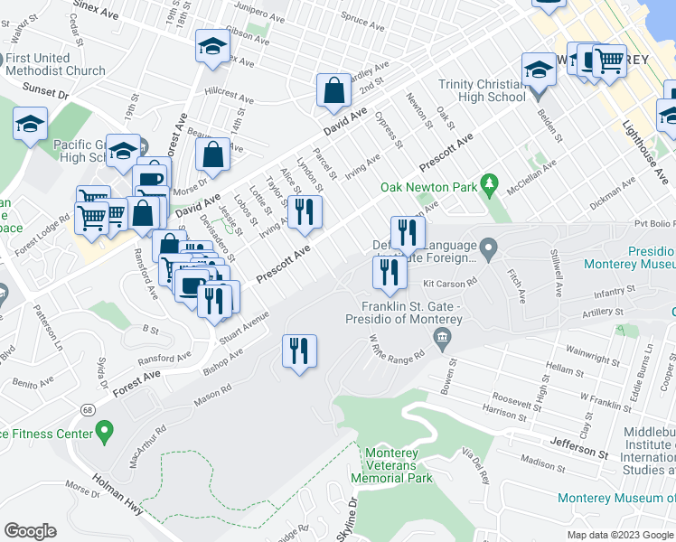 map of restaurants, bars, coffee shops, grocery stores, and more near 431 Rifle Range Road in Monterey