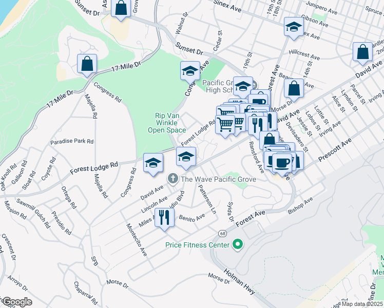 map of restaurants, bars, coffee shops, grocery stores, and more near 1112 Heather Lane in Pacific Grove