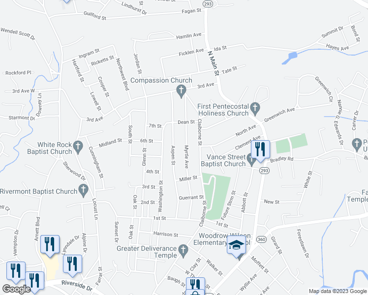 map of restaurants, bars, coffee shops, grocery stores, and more near 1463 Myrtle Avenue in Danville