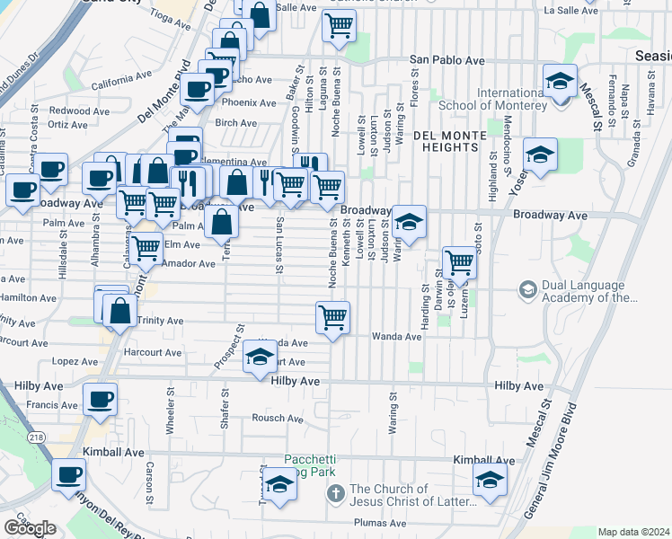 map of restaurants, bars, coffee shops, grocery stores, and more near 1301 Sonoma Avenue in Seaside