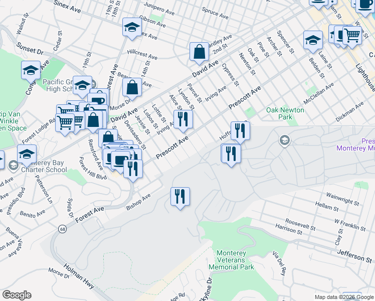 map of restaurants, bars, coffee shops, grocery stores, and more near 615 Lottie Street in Monterey