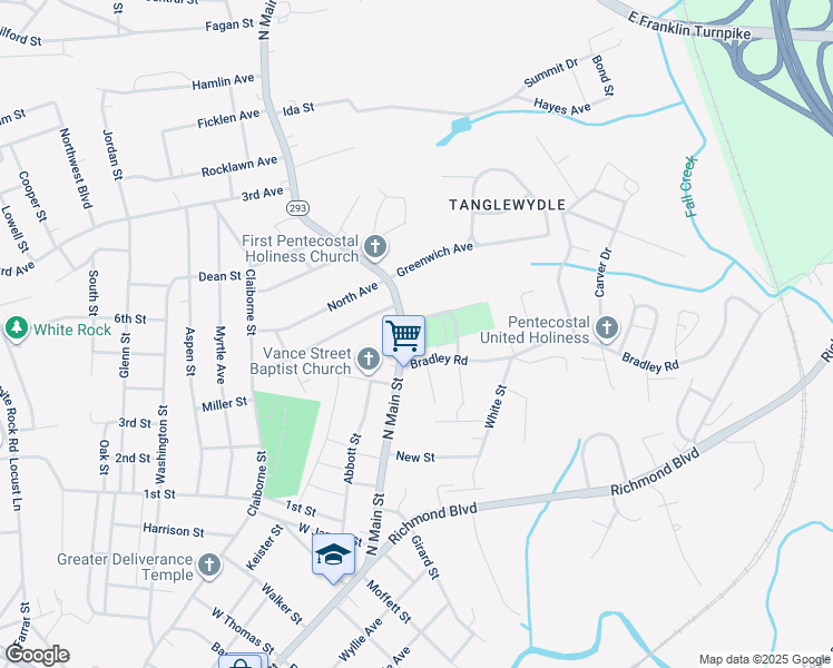 map of restaurants, bars, coffee shops, grocery stores, and more near 101-199 Bradley Road in Danville