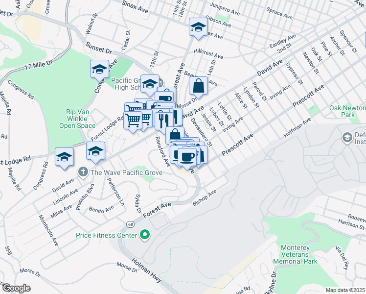 map of restaurants, bars, coffee shops, grocery stores, and more near 1118 Seaview Avenue in Pacific Grove