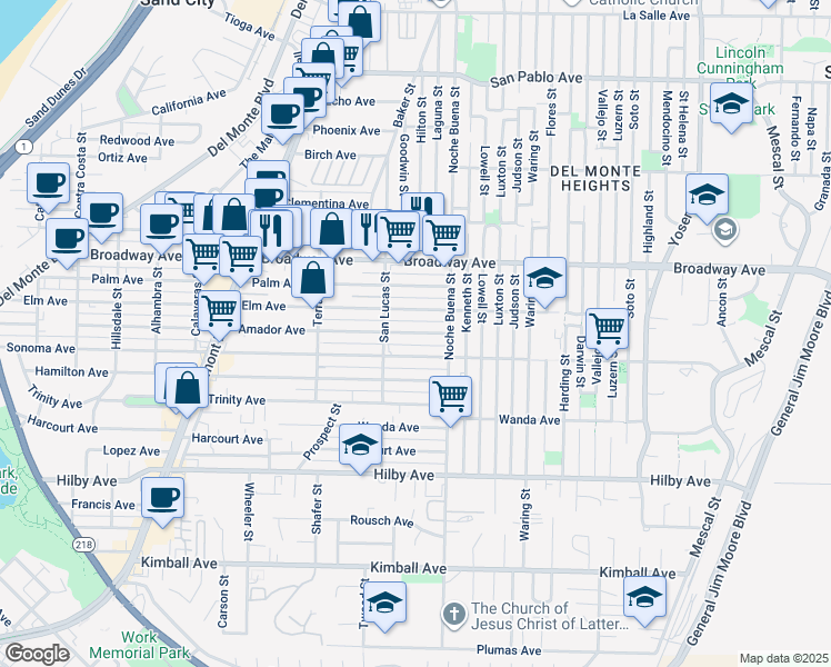 map of restaurants, bars, coffee shops, grocery stores, and more near 1256 Elm Avenue in Seaside